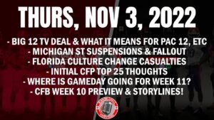 Read more about the article 11/03 Big 12 tv deal talk, Michigan St fallout, Florida culture, CFP thoughts, CFB Week 10 preview!